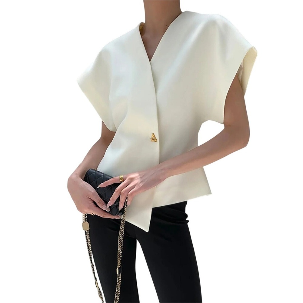 Commense Women's White Gold Button Trendy Wrap V Neck Blouse Size XL